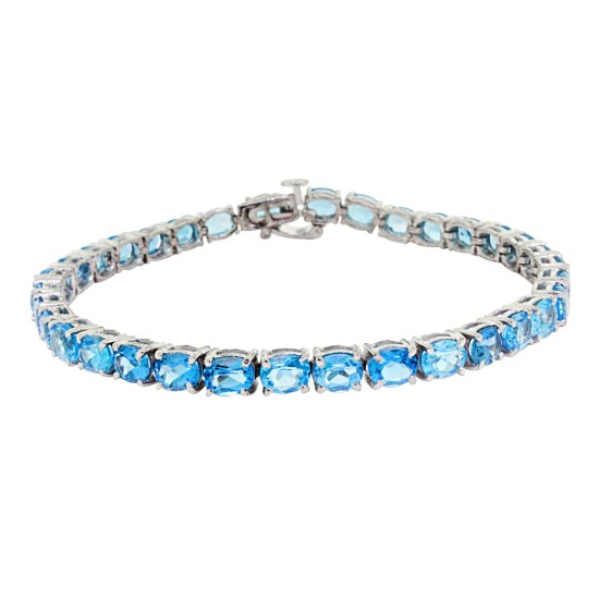 Natural Blue Topaz Link Bracelet Sterling Silver, 15.35cttw 5x4MM 