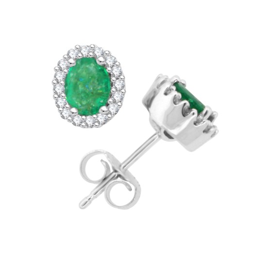 Emerald and Diamond Halo Stud Earrings in 10Kt White Gold