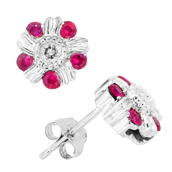 14Kt White Gold Genuine Ruby and Diamond Flower Stud Earrings