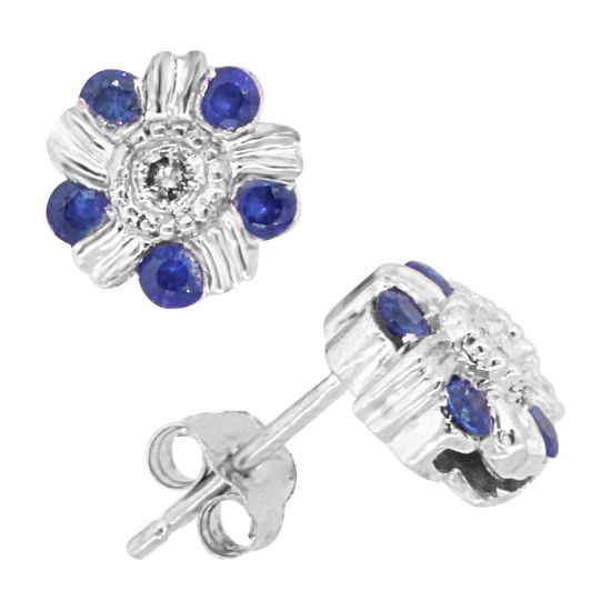 Blue Sapphire and Diamond Flower Stud Earrings in 14Kt White Gold