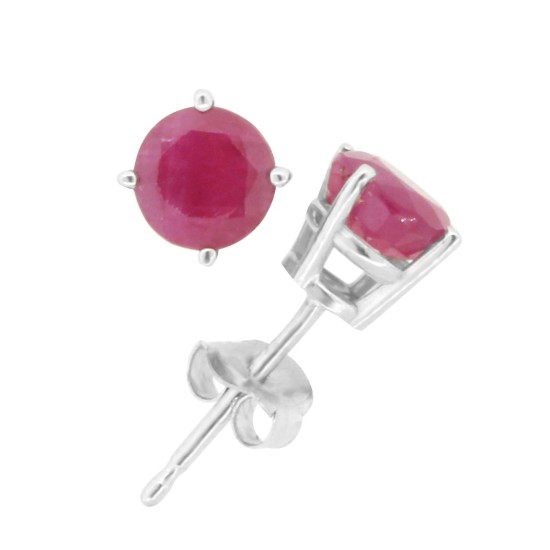 Genuine Ruby Stud Earrings in 14Kt White Gold(A Quality) 5mm Round 