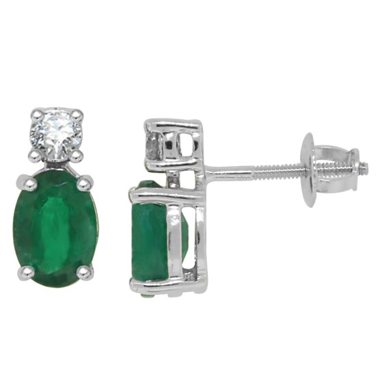 May Birthstone Emerald and Diamond Stud Earrings in 14kt White Gold