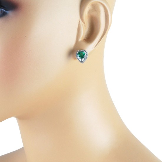 Emerald and Baguette Diamond Heart Earrings in 14Kt White Gold, 2.05 cttw 