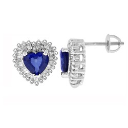 Heart Shaped Sapphire and Baguette Diamond Earrings in 14Kt White Gold, 2.28 cttw