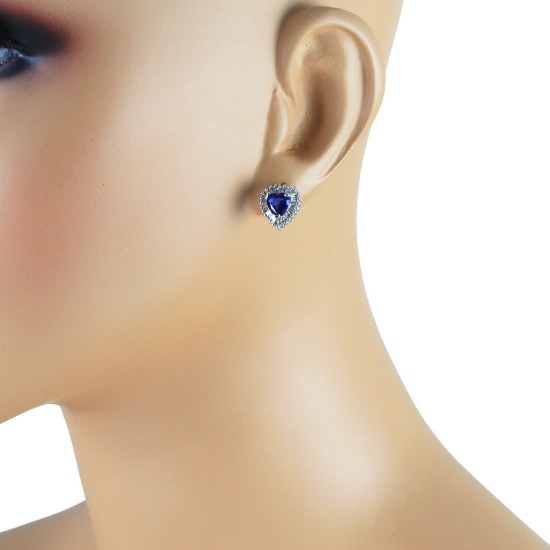 Heart Shaped Sapphire and Baguette Diamond Earrings in 14Kt White Gold, 2.28 cttw