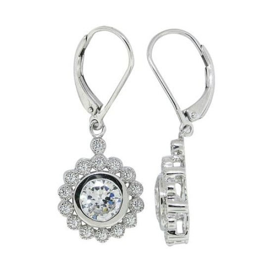 Cubic Zirconia Flower Dangle Earrings in Sterling Silver 