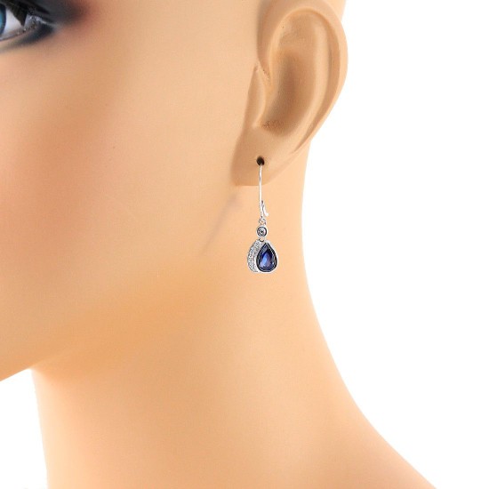 Pear Shape Blue Sapphire Diamond Dangle Earrings in 14Kt White Gold 