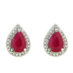 Pear Shape Ruby and Diamond Halo Earrings in 10Kt White Gold 
