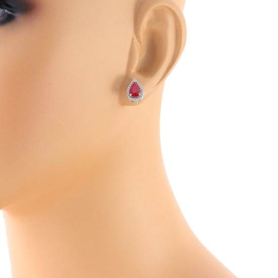 Pear Shape Ruby and Diamond Halo Earrings in 10Kt White Gold 