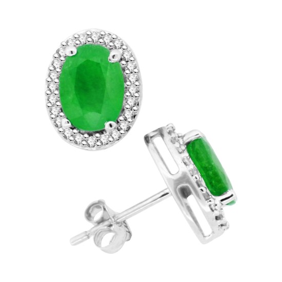 Natural Emerald Diamond Halo Earrings in 14Kt White Gold