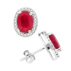 Natural Ruby Diamond Halo Earrings in 14Kt White Gold 