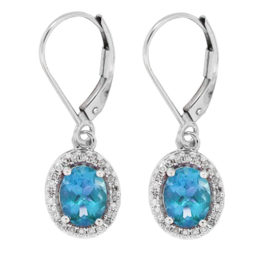 Oval Blue Topaz and Diamond Dangle Earrings 14Kt White Gold 