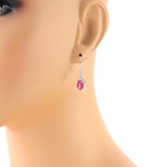 Oval Natural Ruby and Diamond Drop Earrings 14Kt White Gold