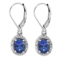 Oval Blue Sapphire Diamond Dangle Earrings in 10Kt White Gold