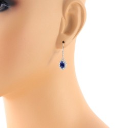 14Kt Gold Oval Blue Sapphire and Diamond Drop Dangle Earrings 