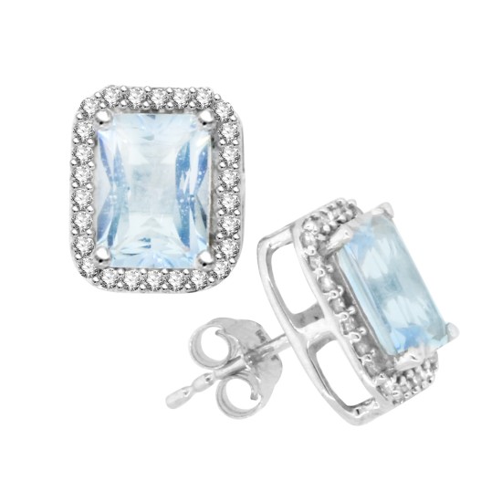 Emerald Cut Aquamarine and Diamond Halo Stud-Earrings in 14Kt White Gold