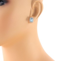 Emerald Cut Aquamarine and Diamond Halo Stud-Earrings in 14Kt White Gold