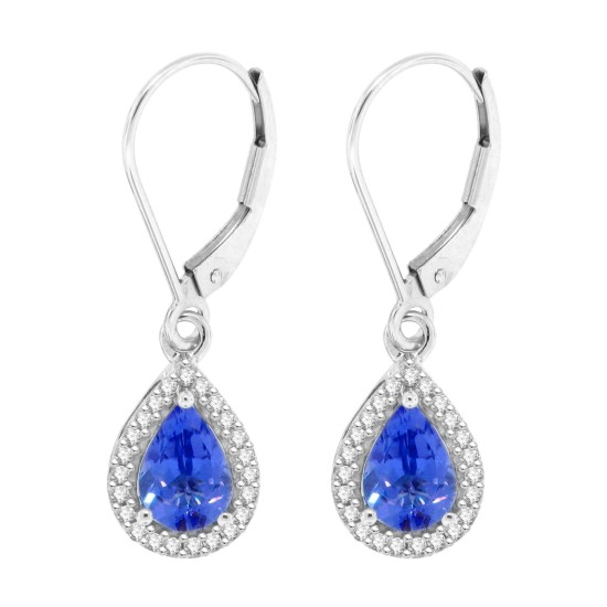 14Kt Gold Pear Shaped Genuine Blue Sapphire Diamond Drop Dangle Earrings 