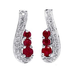 Three Stone Ruby and Diamond Stud Earrings 14Kt White Gold