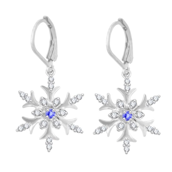 Genuine Sapphire and Cubic Zirconia Snowflake Earrings in Sterling Silver 