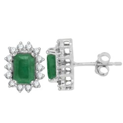 Emerald Cut Emerald Diamond Halo Stud Earrings 14Kt Gold 