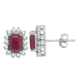 Emerald Cut Ruby Diamond Halo Stud Earrings 14Kt White Gold 