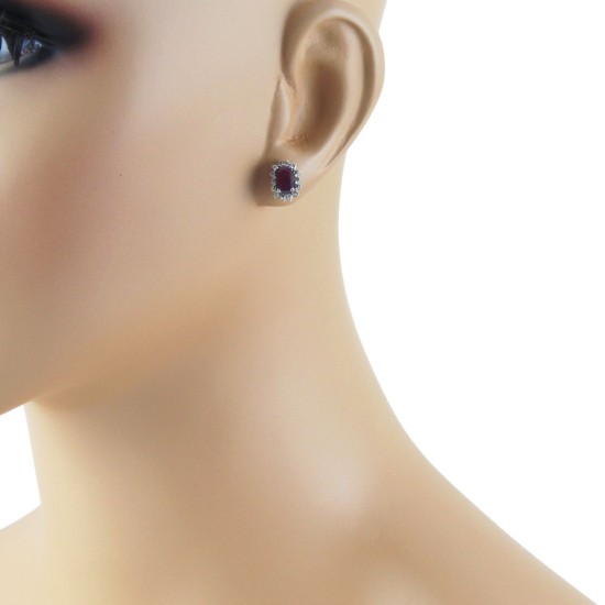 Emerald Cut Ruby Diamond Halo Stud Earrings 14Kt White Gold 
