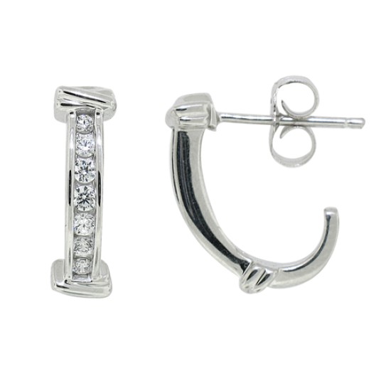 Cubic Zirconia J Huggie Hoop Earrings Sterling Silver 