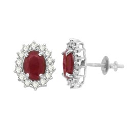 Natural Ruby and Diamond Halo Earrings in 14kt White Gold