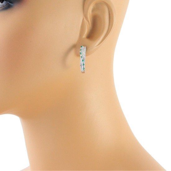 Emerald and Cubic Zirconia J Hoop Earrings Sterling Silver