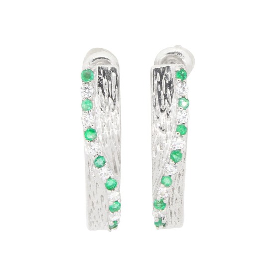 Emerald And Cubic Zirconia J Hoop Earrings in Sterling Silver