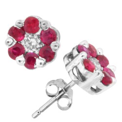 Ruby and Diamond Flower Stud Earrings in 14Kt White Gold
