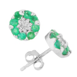 Emerald and Diamond Flower Stud Earrings in 14Kt White Gold