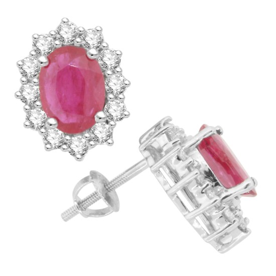 Genuine Ruby and Diamond Halo Earrings in 14Kt White Gold