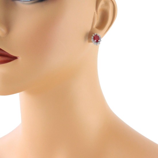 Genuine Ruby and Diamond Halo Earrings in 14Kt White Gold