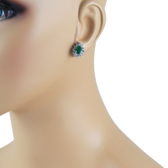 14Kt White Gold Emerald Diamond Halo Stud Earrings (4.18ct)