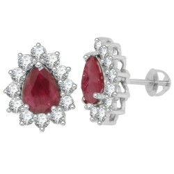 14Kt White Gold Pear Ruby Diamond Halo Stud Earrings (4.14ct)