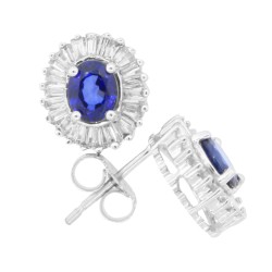 Blue Sapphire and Baguette Diamond Earrings in 14Kt White Gold