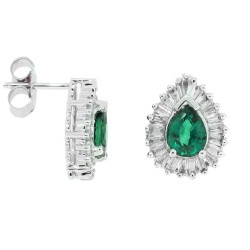 14Kt White Gold Emerald Baguette Diamond Earrings Pear Shape