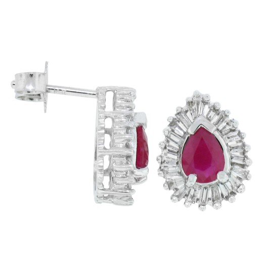 14Kt White Gold Pear Ruby and Baguette Diamond Earrings