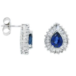 Natural Blue Sapphire and Baguette Diamond Earrings in 14Kt White Gold