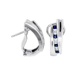 Natural Sapphire and Diamond Huggie Hoop Earrings in 14Kt White Gold