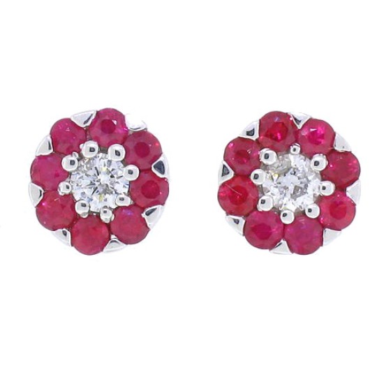 Natural Ruby and Diamond Cluster Earrings in 14Kt White Gold