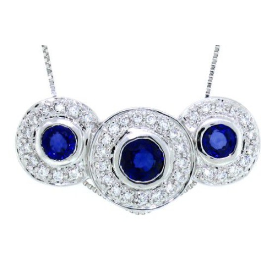 Blue Sapphire Diamond Pendant Necklace 14Kt White Gold 