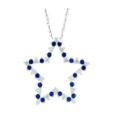 Star Shaped Sapphire Diamond Pendant Necklace 14Kt Gold 