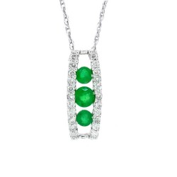 Three Stone Emerald and Diamond Pendant Necklace 14Kt Gold 