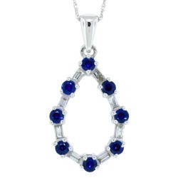 Sapphire and Baguette Diamond Pendant Necklace 14Kt Gold 