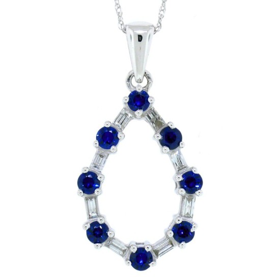 Sapphire and Baguette Diamond Pendant Necklace 14Kt Gold 