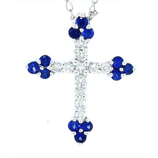 Sapphire and Diamond Cross Pendant Necklace 14Kt White Gold 