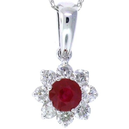 Genuine Ruby and Diamond Pendant Necklace 14Kt White Gold